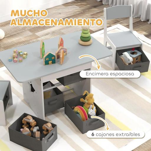 Mesa Infantil con 2 Sillas con 6 Cajones de Tela Diseño Estrellas para Niños y Niñas de 3-8 Años Gris Claro [5]