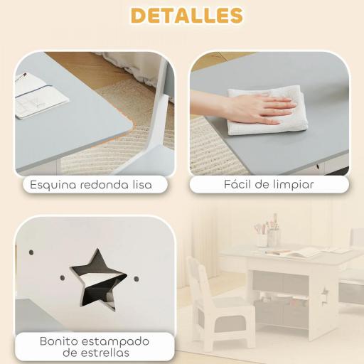 Mesa Infantil con 2 Sillas con 6 Cajones de Tela Diseño Estrellas para Niños y Niñas de 3-8 Años Gris Claro [1]