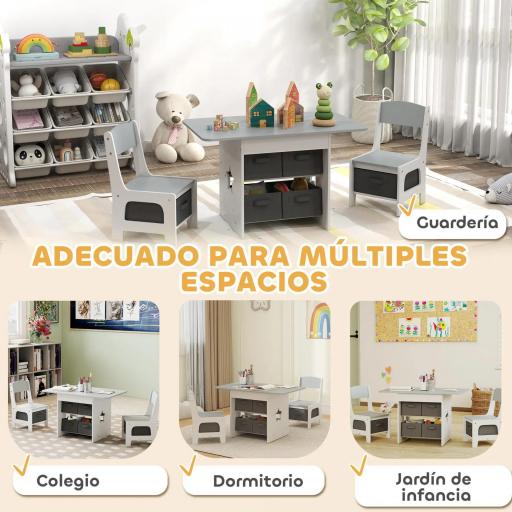 Mesa Infantil con 2 Sillas con 6 Cajones de Tela Diseño Estrellas para Niños y Niñas de 3-8 Años Gris Claro [2]