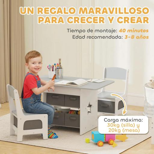 Mesa Infantil con 2 Sillas con 6 Cajones de Tela Diseño Estrellas para Niños y Niñas de 3-8 Años Gris Claro [6]