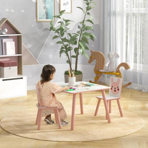 Set de Mesa y 2 Sillas Conjunto de Muebles Infantiles de 3 Piezas para Niños de +3 Años con Estampado Animales y Rosa 