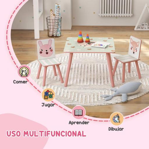 Set de Mesa y 2 Sillas Conjunto de Muebles Infantiles de 3 Piezas para Niños de +3 Años con Estampado Animales y Rosa  [5]