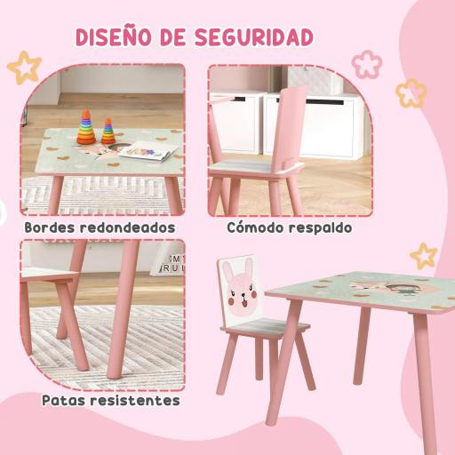 Set de Mesa y 2 Sillas Conjunto de Muebles Infantiles de 3 Piezas para Niños de +3 Años con Estampado Animales y Rosa  [4]