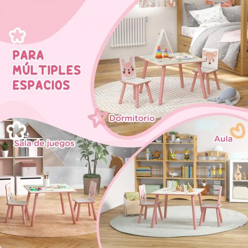 Set de Mesa y 2 Sillas Conjunto de Muebles Infantiles de 3 Piezas para Niños de +3 Años con Estampado Animales y Rosa  [2]