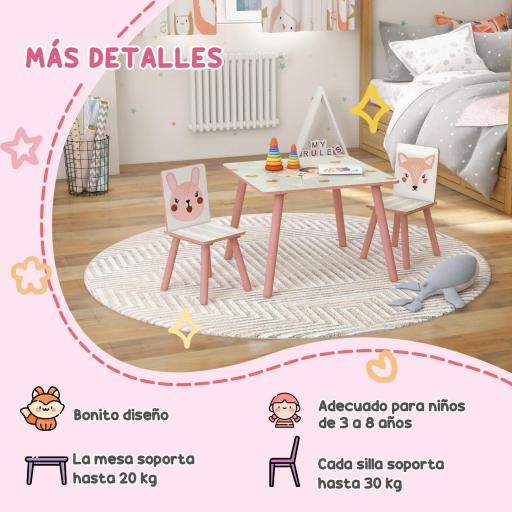 Set de Mesa y 2 Sillas Conjunto de Muebles Infantiles de 3 Piezas para Niños de +3 Años con Estampado Animales y Rosa  [6]
