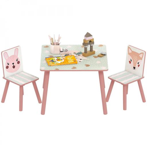 Set de Mesa y 2 Sillas Conjunto de Muebles Infantiles de 3 Piezas para Niños de +3 Años con Estampado Animales y Rosa  [8]