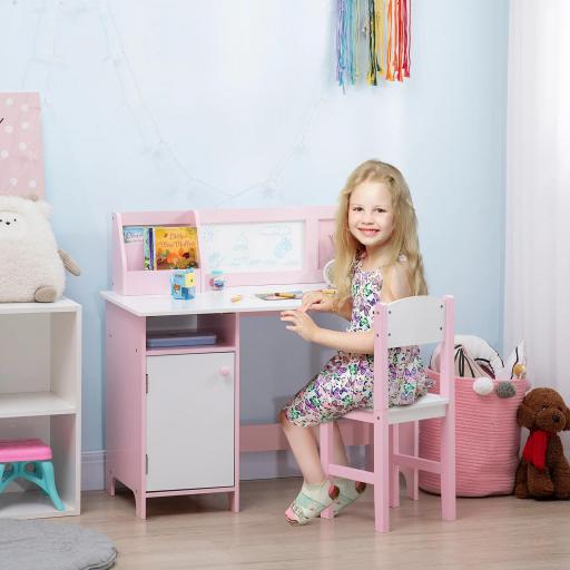 Escritorio Infantil de Madera con Silla y Mesa con Organizador y Pizarra Blanca para +5 Años 90x45x85 cm Rosa 