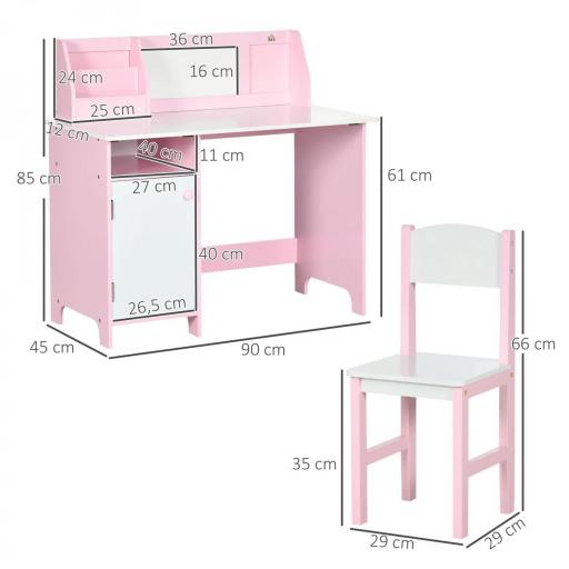 Escritorio Infantil de Madera con Silla y Mesa con Organizador y Pizarra Blanca para +5 Años 90x45x85 cm Rosa  [9]