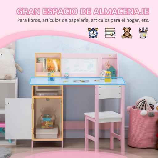 Escritorio Infantil de Madera con Silla y Mesa con Organizador y Pizarra Blanca para +5 Años 90x45x85 cm Rosa  [2]