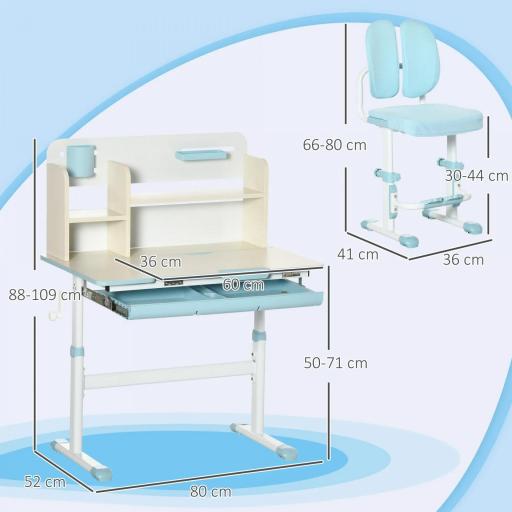 Pupitre Infantil Altura Ajustable con 1 Cajón 1 Estante y Tablero de Mesa Inclinable 80x52x88-109 cm Azul y Blanco [3]