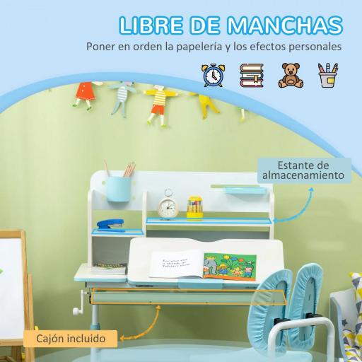 Pupitre Infantil Altura Ajustable con 1 Cajón 1 Estante y Tablero de Mesa Inclinable 80x52x88-109 cm Azul y Blanco [6]