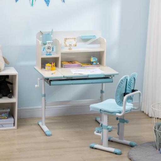 Pupitre Infantil Altura Ajustable con 1 Cajón 1 Estante y Tablero de Mesa Inclinable 80x52x88-109 cm Azul y Blanco [4]