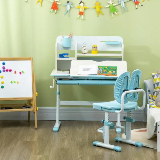 Pupitre Infantil Altura Ajustable con 1 Cajón 1 Estante y Tablero de Mesa Inclinable 80x52x88-109 cm Azul y Blanco [7]