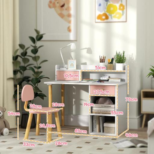 Juego de Escritorio Infantil con Silla Pupitre Infantil con Cajones Compartimento y Estantes Rosa y Blanco [1]