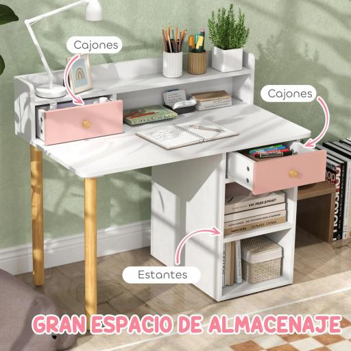 Juego de Escritorio Infantil con Silla Pupitre Infantil con Cajones Compartimento y Estantes Rosa y Blanco [6]
