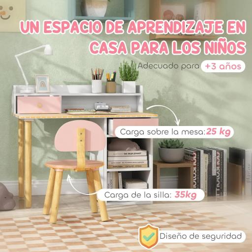 Juego de Escritorio Infantil con Silla Pupitre Infantil con Cajones Compartimento y Estantes Rosa y Blanco [3]