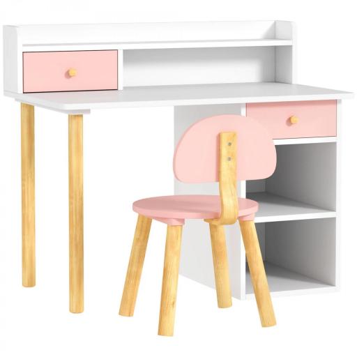 Juego de Escritorio Infantil con Silla Pupitre Infantil con Cajones Compartimento y Estantes Rosa y Blanco [8]