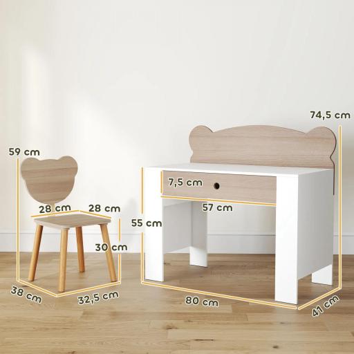 Escritorio Infantil con Silla en Forma de Osito con Cajón para Leer y Estudiar Mesa 80x41x74,5 cm y Silla 32,5x38x59 cm  [1]