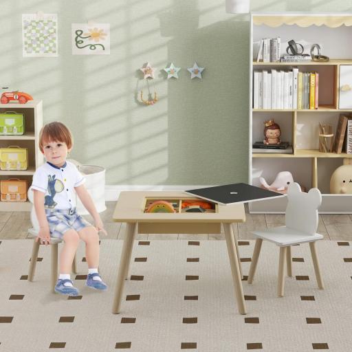 Juego de Mesa y 2 Sillas Infantiles de Madera con Compartimentos y Pizarra Desmontable 60x60x44 cm Natural y Blanco