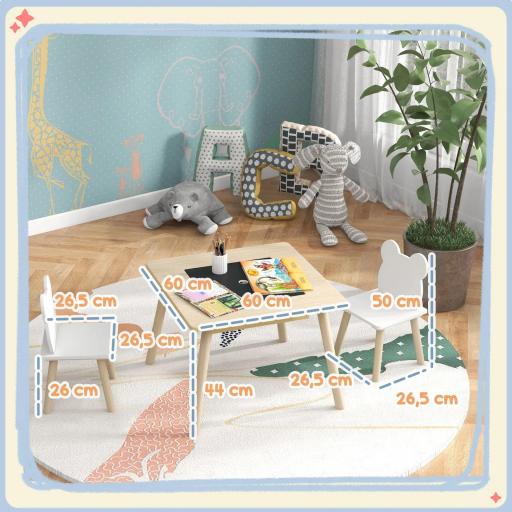 Juego de Mesa y 2 Sillas Infantiles de Madera con Compartimentos y Pizarra Desmontable 60x60x44 cm Natural y Blanco [6]