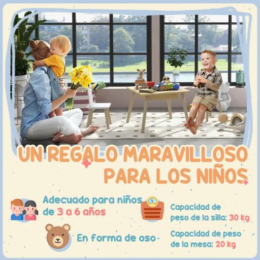 Juego de Mesa y 2 Sillas Infantiles de Madera con Compartimentos y Pizarra Desmontable 60x60x44 cm Natural y Blanco [1]