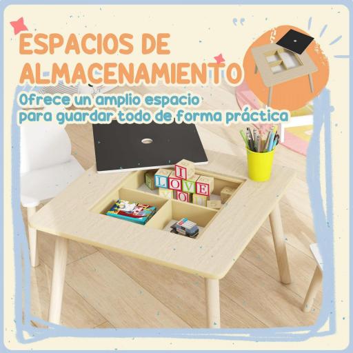 Juego de Mesa y 2 Sillas Infantiles de Madera con Compartimentos y Pizarra Desmontable 60x60x44 cm Natural y Blanco [4]