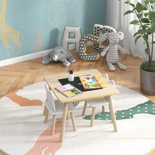 Juego de Mesa y 2 Sillas Infantiles de Madera con Compartimentos y Pizarra Desmontable 60x60x44 cm Natural y Blanco [3]