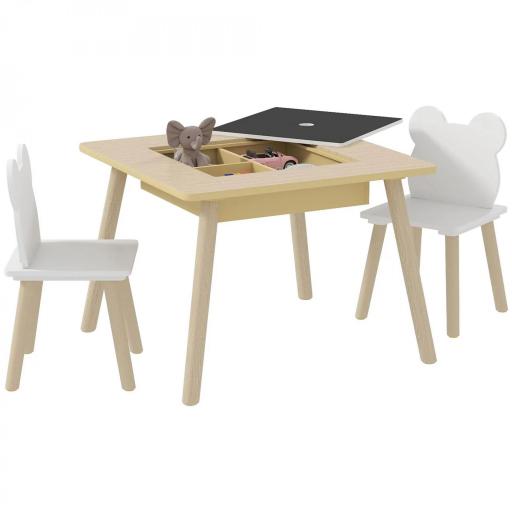 Juego de Mesa y 2 Sillas Infantiles de Madera con Compartimentos y Pizarra Desmontable 60x60x44 cm Natural y Blanco [8]