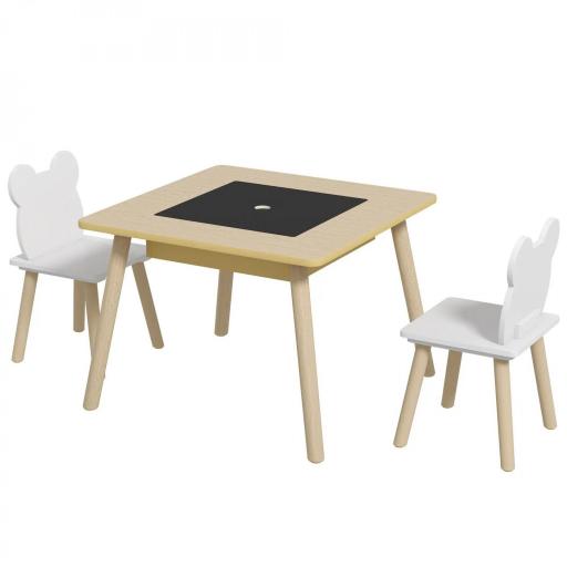 Juego de Mesa y 2 Sillas Infantiles de Madera con Compartimentos y Pizarra Desmontable 60x60x44 cm Natural y Blanco [9]