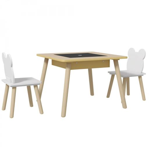 Juego de Mesa y 2 Sillas Infantiles de Madera con Compartimentos y Pizarra Desmontable 60x60x44 cm Natural y Blanco [10]
