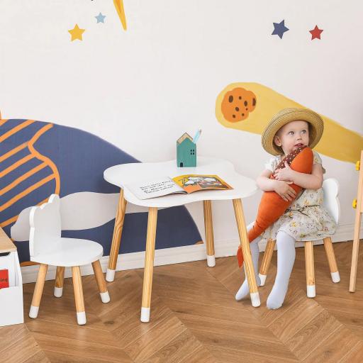 Mesa y Sillas Infantil de Madera Muebles Infantiles para Sala de Juego y Dormitorio de Niños Natural y Blanco