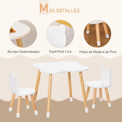 Mesa y Sillas Infantil de Madera Muebles Infantiles para Sala de Juego y Dormitorio de Niños Natural y Blanco [6]