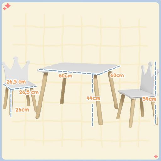 Conjunto Infantil de Mesa y 2 Sillas con Respaldo en Forma de Corona para Lectura y Dibujo 60x60x44 cm Blanco y Madera [1]