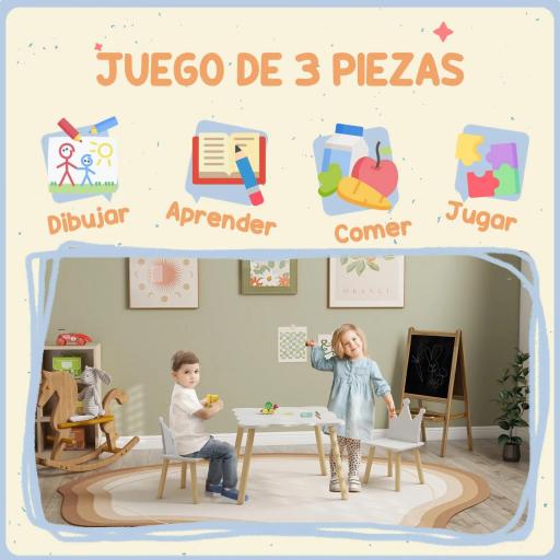 Conjunto Infantil de Mesa y 2 Sillas con Respaldo en Forma de Corona para Lectura y Dibujo 60x60x44 cm Blanco y Madera [3]