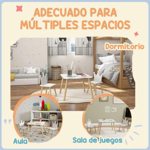 Conjunto Infantil de Mesa y 2 Sillas con Respaldo en Forma de Corona para Lectura y Dibujo 60x60x44 cm Blanco y Madera [7]