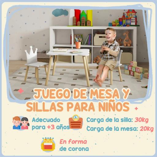 Conjunto Infantil de Mesa y 2 Sillas con Respaldo en Forma de Corona para Lectura y Dibujo 60x60x44 cm Blanco y Madera [6]