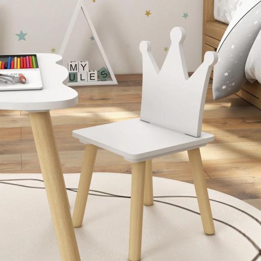 Conjunto Infantil de Mesa y 2 Sillas con Respaldo en Forma de Corona para Lectura y Dibujo 60x60x44 cm Blanco y Madera [5]