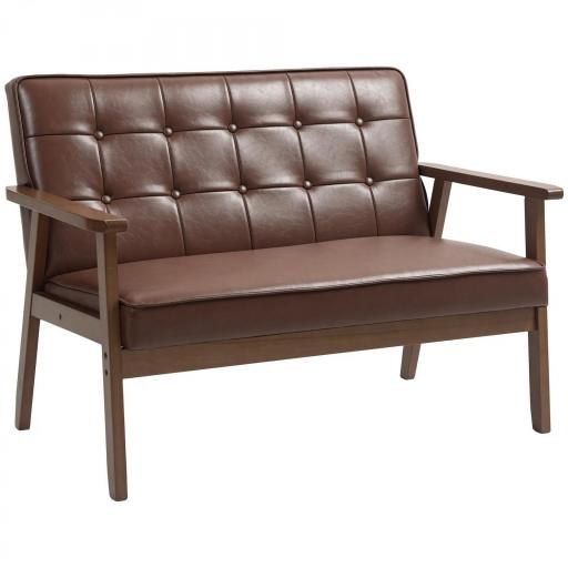 Sofá de 2 Plazas Tapizado en PU con Reposabrazos de Madera Respaldo Acolchado Carga 250 kg Marrón [3]