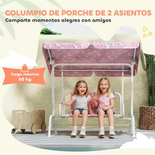 Columpio Jardín Exterior para niños 2 Plazas Toldo Ajustable Cinturones de Seguridad Diseño de Unicornio Arcoíris Rosa [2]