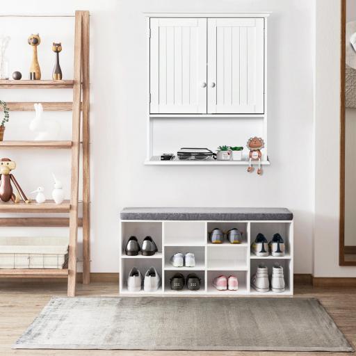 Armario Baño de Pared con 2 Puertas Estante Interior Ajustable y Compartimento Abierto Mueble Auxiliar Suspendido Multiusos para Cocina 60x20x70,5 cm Blanco [6]