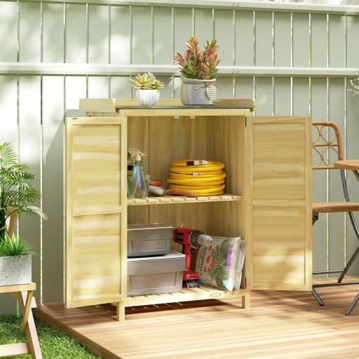 Cobertizo de Jardín Exterior de Madera con Techo de Metal y Ganchos para Almacenaje Herramientas 71,5x39x95 cm Natural [2]
