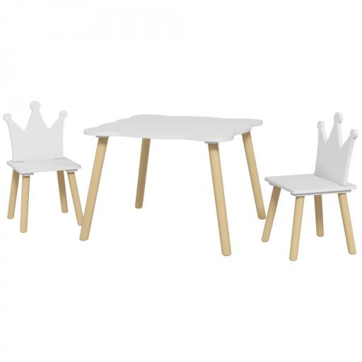 Conjunto Infantil de Mesa y 2 Sillas con Respaldo en Forma de Corona para Lectura y Dibujo 60x60x44 cm Blanco y Madera [9]