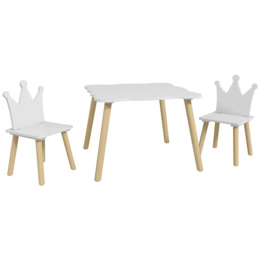 Conjunto Infantil de Mesa y 2 Sillas con Respaldo en Forma de Corona para Lectura y Dibujo 60x60x44 cm Blanco y Madera [8]