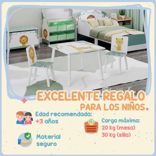 Mesa y Sillas Infantiles de 3 Piezas Mesa Infantil con 2 Sillas de Madera de Pino para niños de +3 Años 60x60x44 cm Verde [7]
