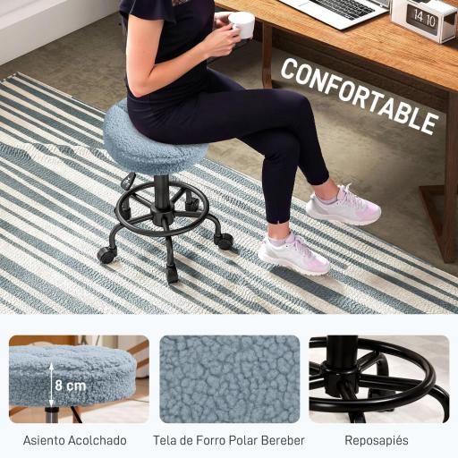 Taburete Giratorio Redondo Taburete con Ruedas Altura Regulable 50-66 cm Asiento Tapizado en Tejido de Borreguito Azul [6]