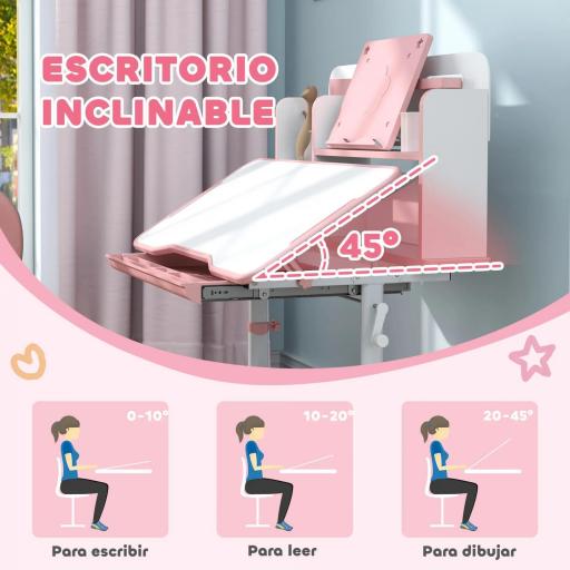 Juego de Escritorio y Silla para Niños de +3 Años Altura Ajustable con Tablero Inclinable 80x55x107,5 cm Rosa [5]