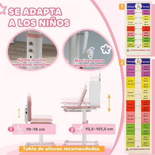 Juego de Escritorio y Silla para Niños de +3 Años Altura Ajustable con Tablero Inclinable 80x55x107,5 cm Rosa [6]