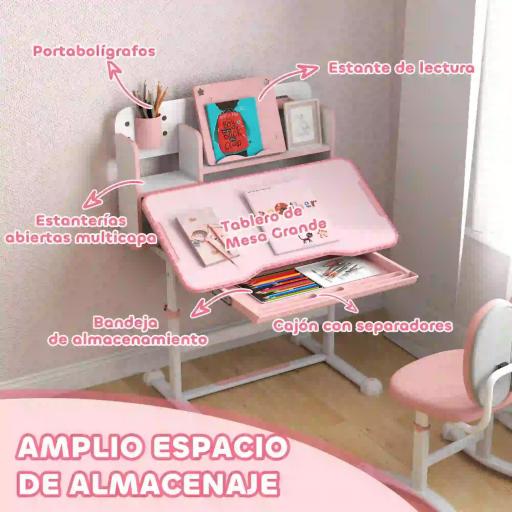 Juego de Escritorio y Silla para Niños de +3 Años Altura Ajustable con Tablero Inclinable 80x55x107,5 cm Rosa [1]
