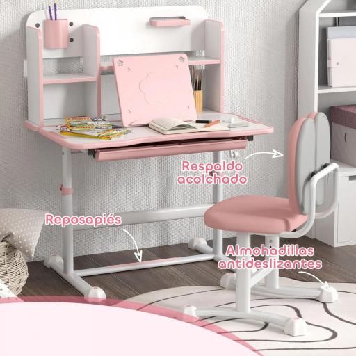 Juego de Escritorio y Silla para Niños de +3 Años Altura Ajustable con Tablero Inclinable 80x55x107,5 cm Rosa [3]