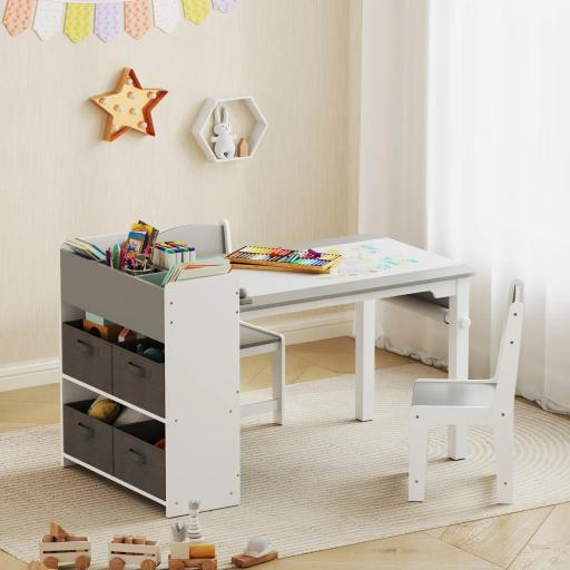 Conjunto mesa y 2 sillas infantil de madera con rollo de papel, estantes y cajones, para niña niño 3-8 años, Gris